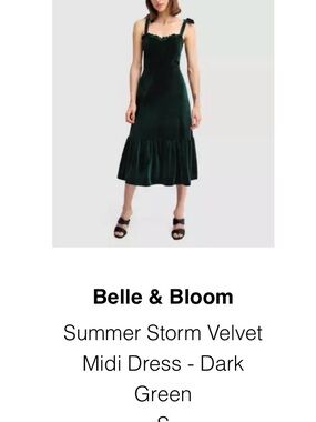 Belle & Bloom Dark Green Velvet Midi Dress with Tie Straps